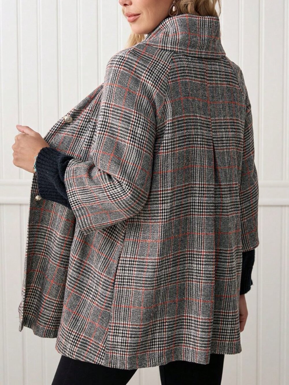 Grey Casual Women's Elegant Plaid Regular Fit Loose Hem Jacket - Picture 2 of 8
